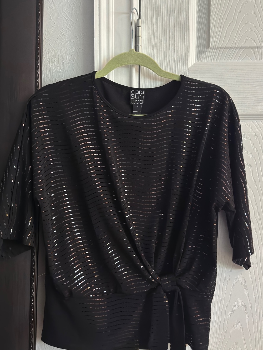 CLARA SUNWOO Black Sequined Short Sleeve Tie-Front Top